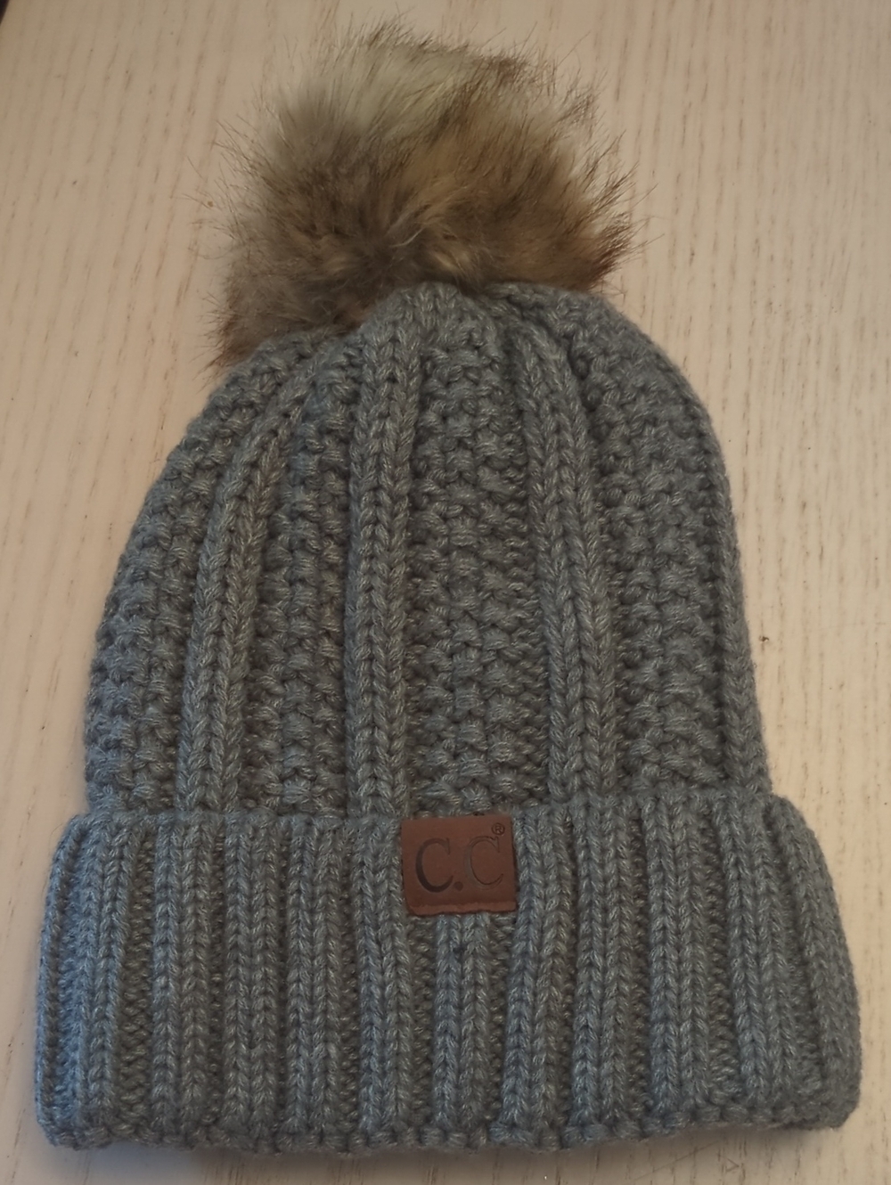 C.C Faux Fur Pom Pom Beanie in Heather Gray
